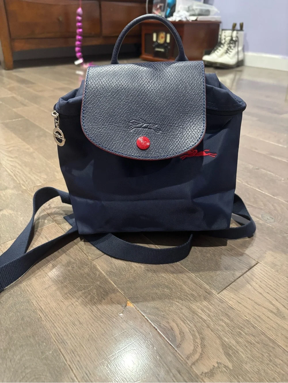 Longchamp Navy Backpack with Red Accent